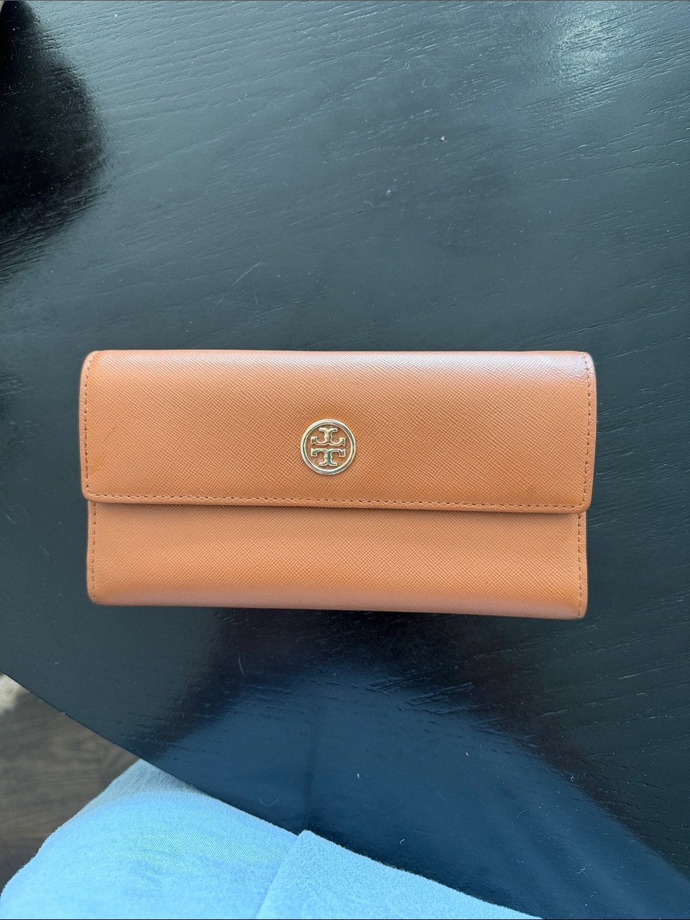 Tory Burch Saffiano Leather Continental Wallet in Cognac with Gold Logo